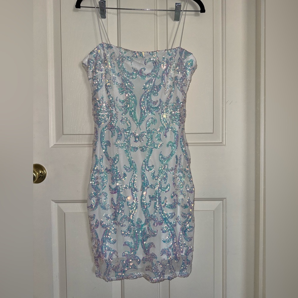 Lovely Day White Mini Dress with Iridescent Aqua Sequin Pattern